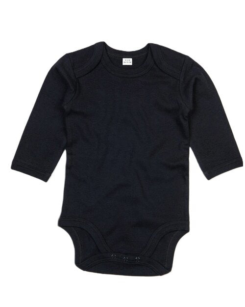 Black long-sleeve baby bodysuit by Babybugz, laid flat.