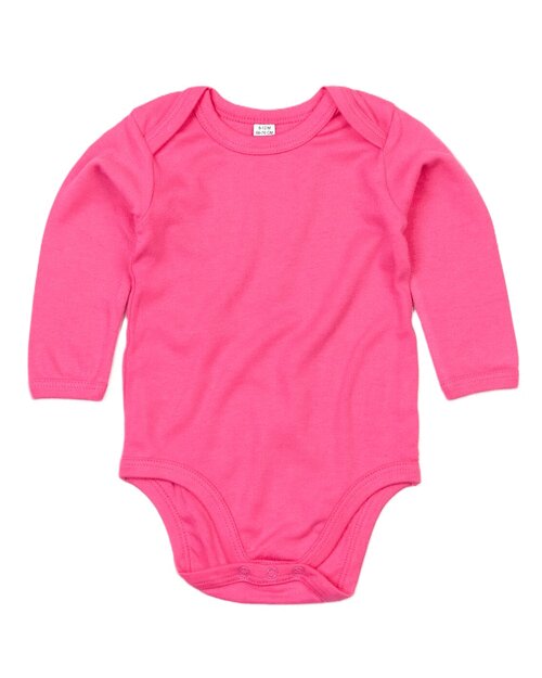 Fuchsia pink long-sleeve baby bodysuit by Babybugz, laid flat.