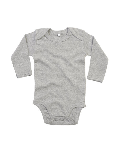 Heather grey marl long-sleeve baby bodysuit by Babybugz, flat lay.