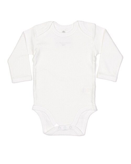Plain white long-sleeve baby bodysuit by Babybugz, flat lay.