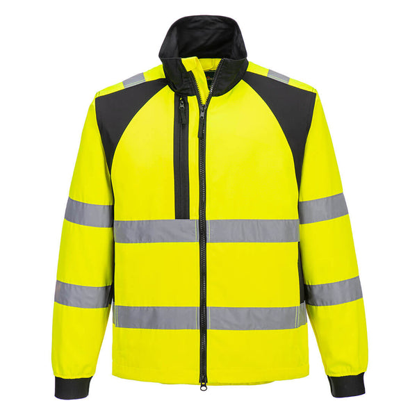 Yellow coverall with reflective striping, zip front, and high-visibility industrial finish