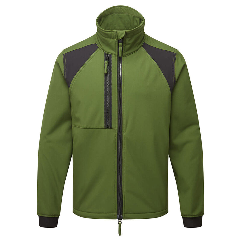 Green softshell jacket with black shoulder panels, zip-up front, and vertical chest pocket detailing