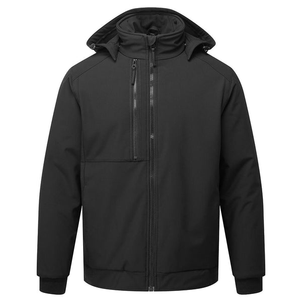 Black workwear coverall with ergonomic fit, chest pockets, and rugged polycotton fabric