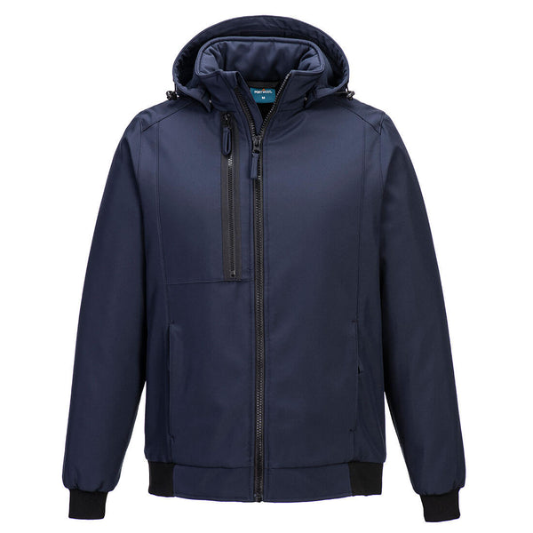 Navy coverall with safety-focused reflective accents and multi-pocket functional design