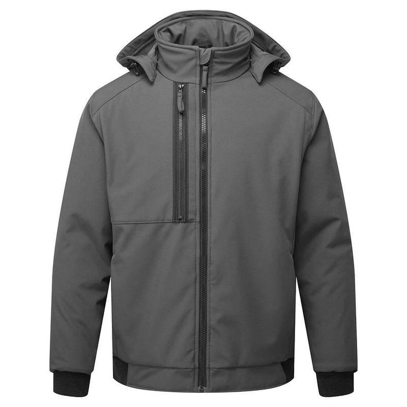 Grey softshell jacket with full zip, detachable hood, chest pocket, and ribbed cuffs for warmth