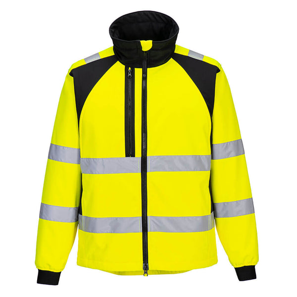 Yellow hi-vis coverall with full-body visibility striping and secure front zipper closure