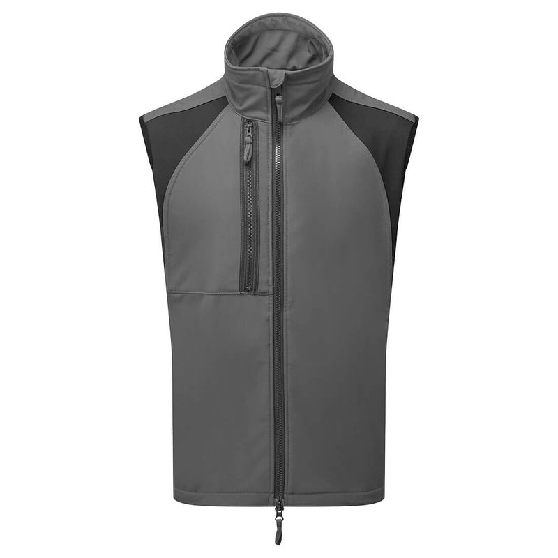 Grey sleeveless softshell vest with high collar, front zipper, and secure vertical chest pocket