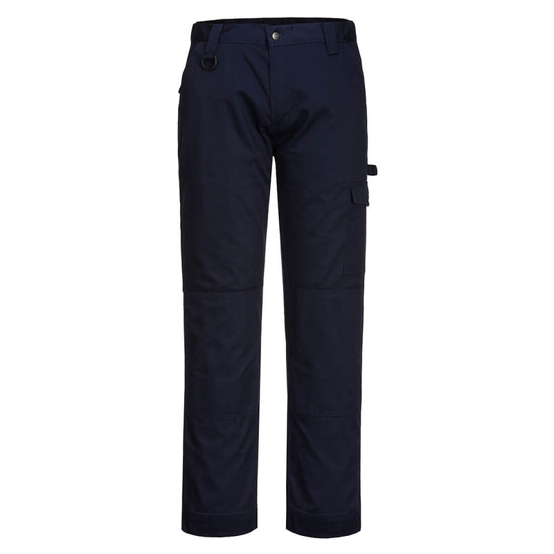 Navy work trousers with contrast stitching, cargo pockets, and adjustable waistband