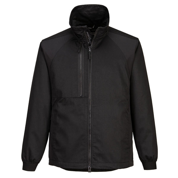Portwest Eco Stretch Work Jacket front view in black, durable and flexible design