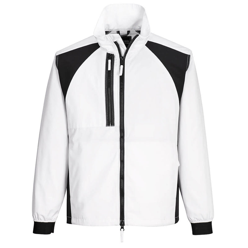 Front view of the white Portwest WX2 eco stretch work jacket.