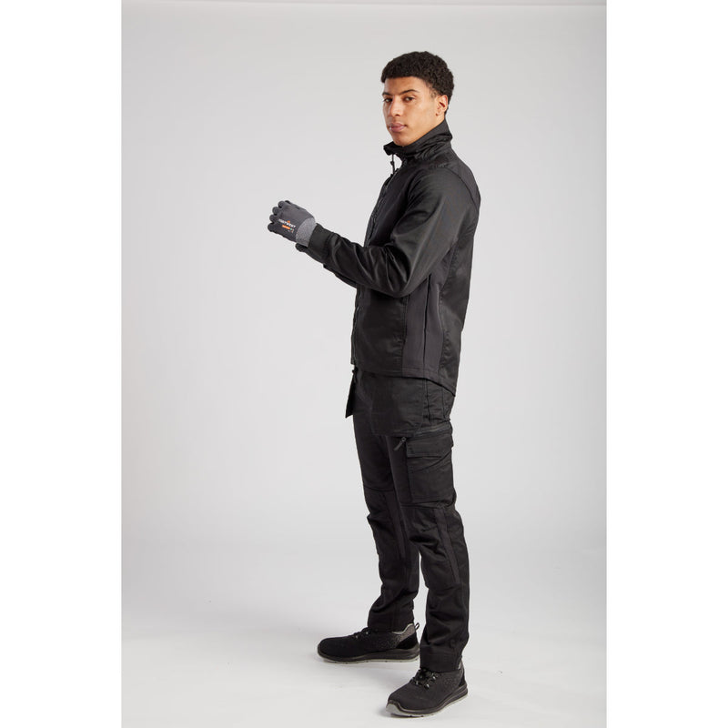 Side view of Portwest Eco Stretch Work Jacket paired with matching work trousers