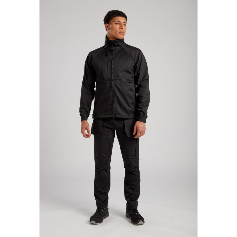 Male model wearing Portwest Eco Stretch black work jacket and trousers, front pose