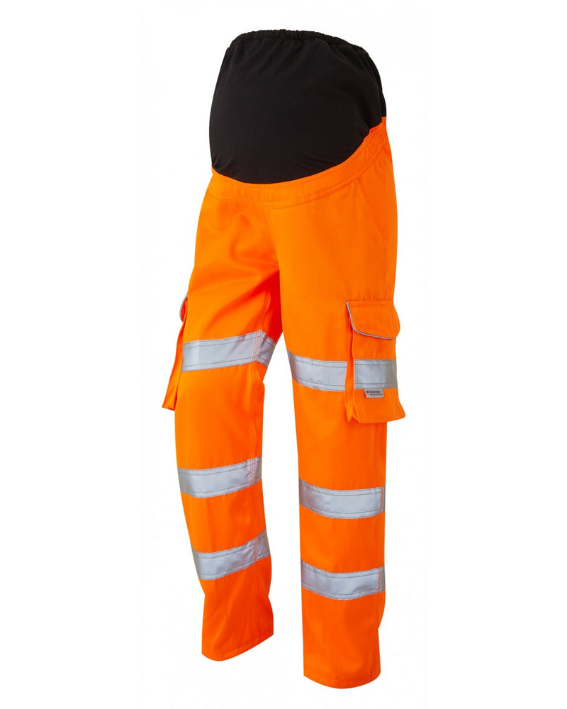 Leo Workwear Verity maternity cargo trouser in hi-vis orange.