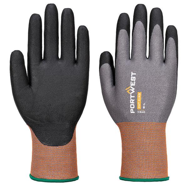 Lightweight Portwest Cut C gloves in grey/black with sandy nitrile palm coating, shown front and back