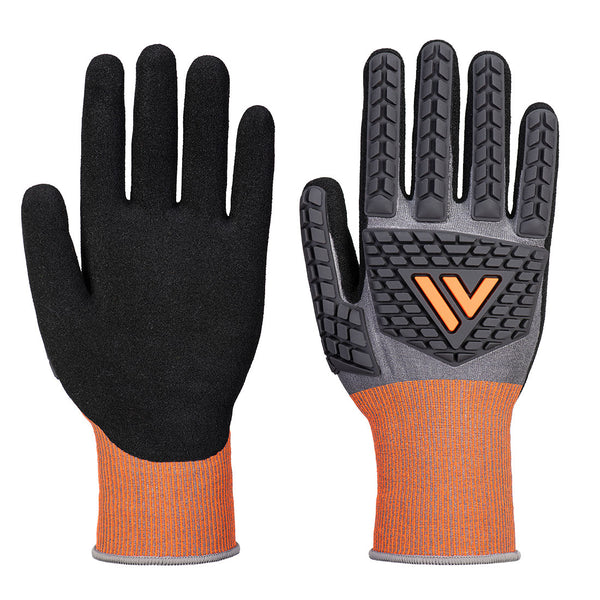 Orange-cuffed anti-impact work gloves with black textured palm and TPR knuckle pads, front-and-back view