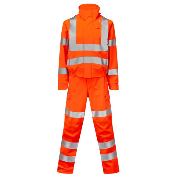 Front view of the orange Leo Workwear Honeychurch women's 2-part stretch coverall, providing full-body visibility.