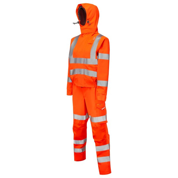 Left side view of the Leo Workwear Honeychurch women's stretch coverall in hi-vis orange.