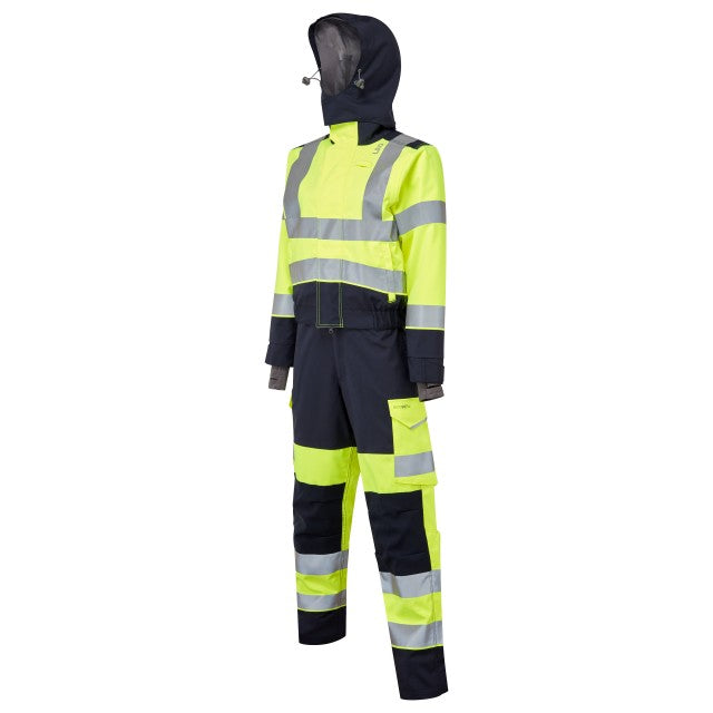 Left side of the Leo Workwear Honeychurch women's coverall in hi-vis yellow and navy.