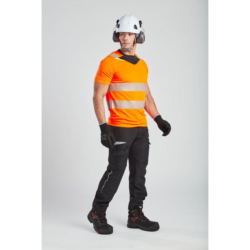 Detailed shot of the moisture-wicking fabric on the Portwest DX4 Hi-Vis T-Shirt hem.