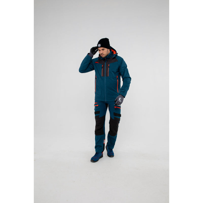 A Portwest DX4 winter jacket in metro blue with bright orange zipper details.