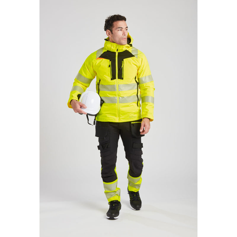 High collar and hood of the Portwest DX4 Winter Jacket shown with a helmet.