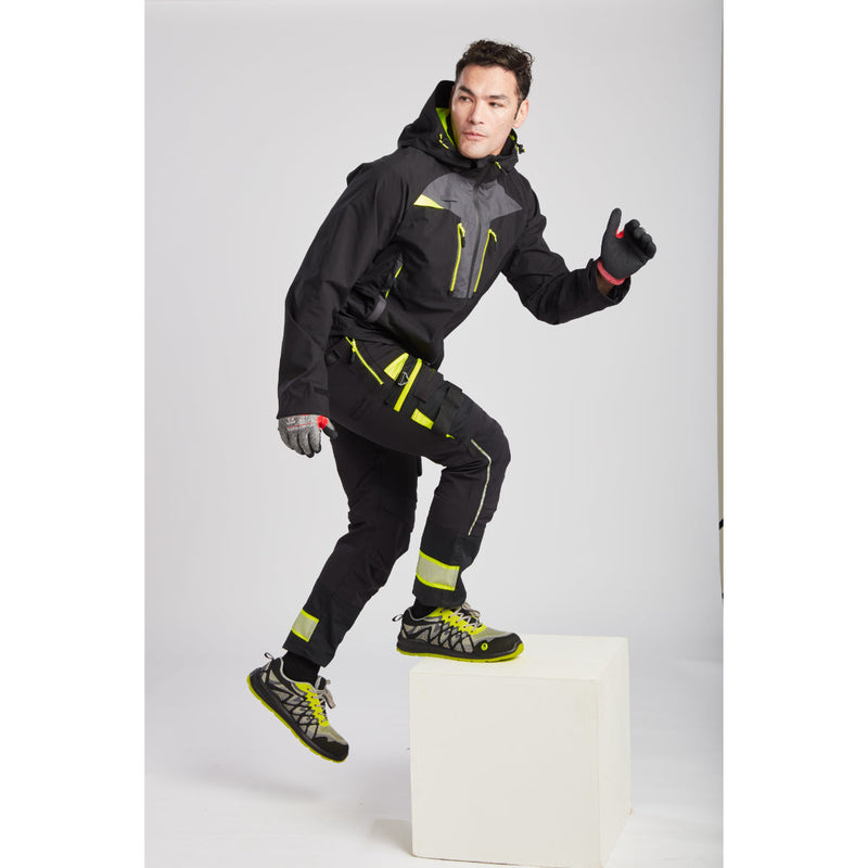 Eco safety trainers and accessories, side-by-side on white background