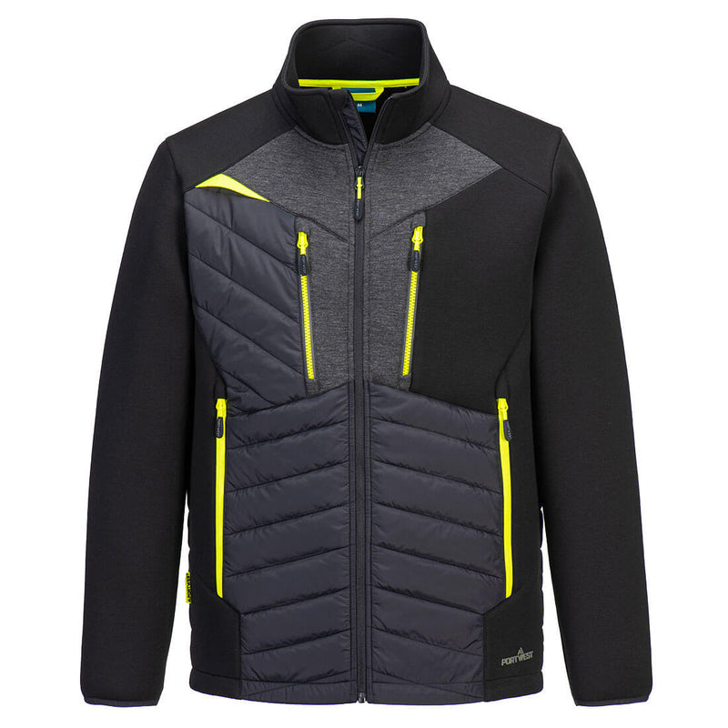 Front view of a black Portwest DX4 Hybrid Baffle Jacket showcasing its contemporary design.