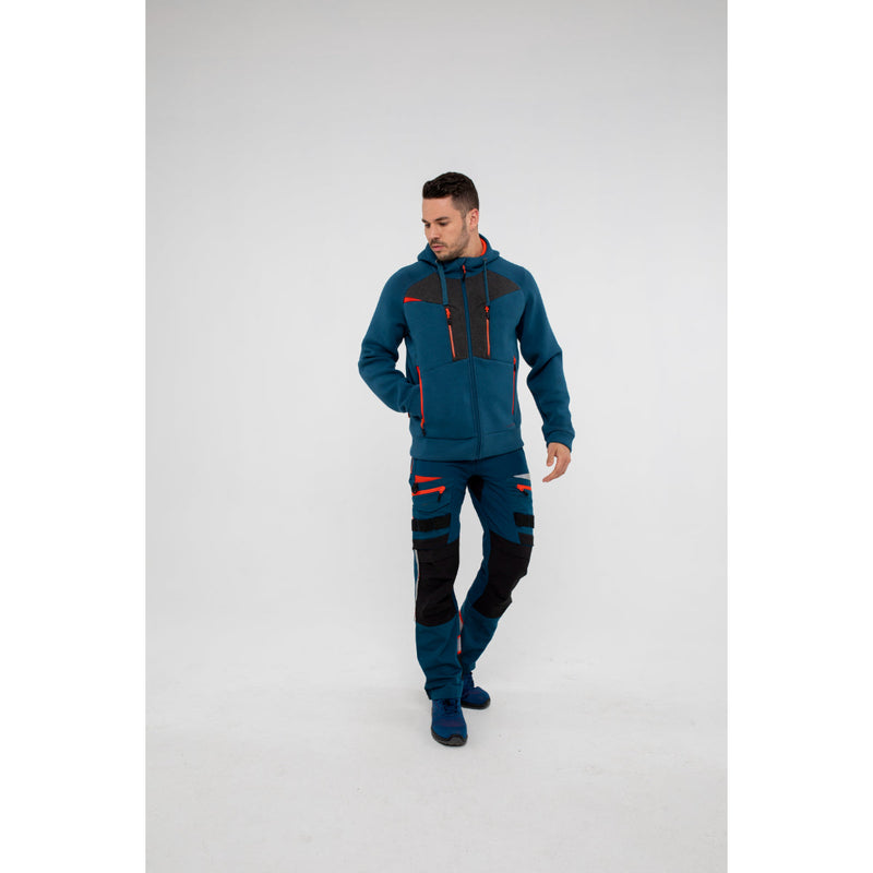 Back view of a man in Portwest DX4 Zipped Hoodie highlighting hood and hem details.
