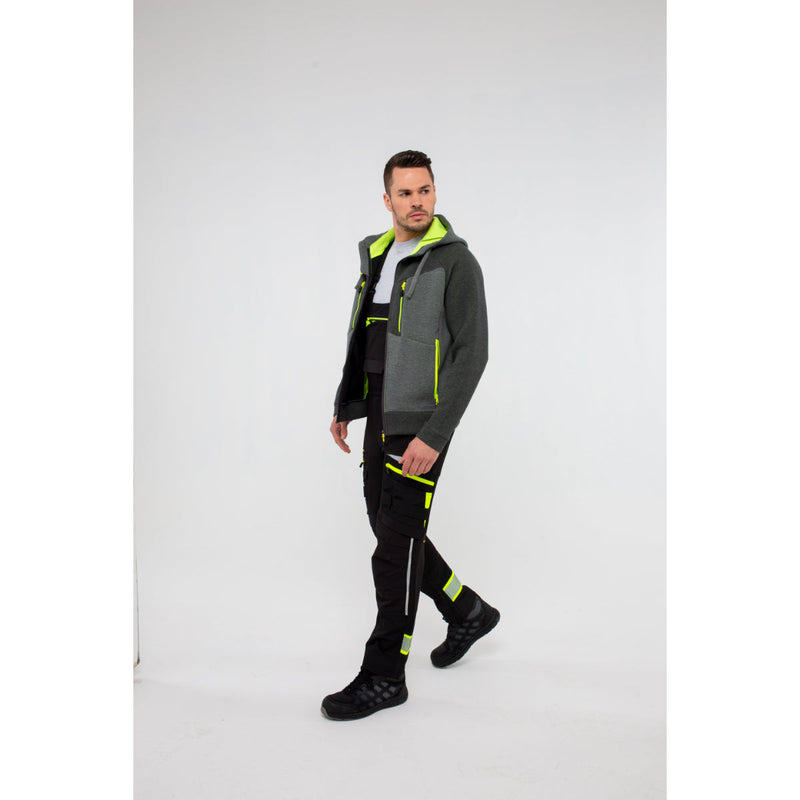 Man in Portwest DX4 Zipped Hoodie demonstrating bending down flexibility.