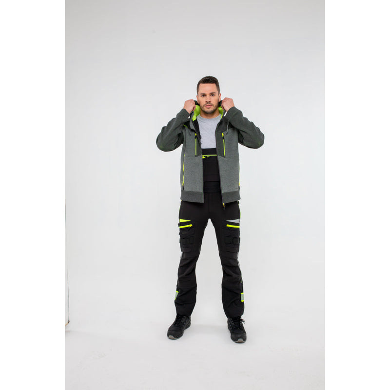Man in Portwest DX4 Zipped Hoodie showcasing leg movement and jacket fit.
