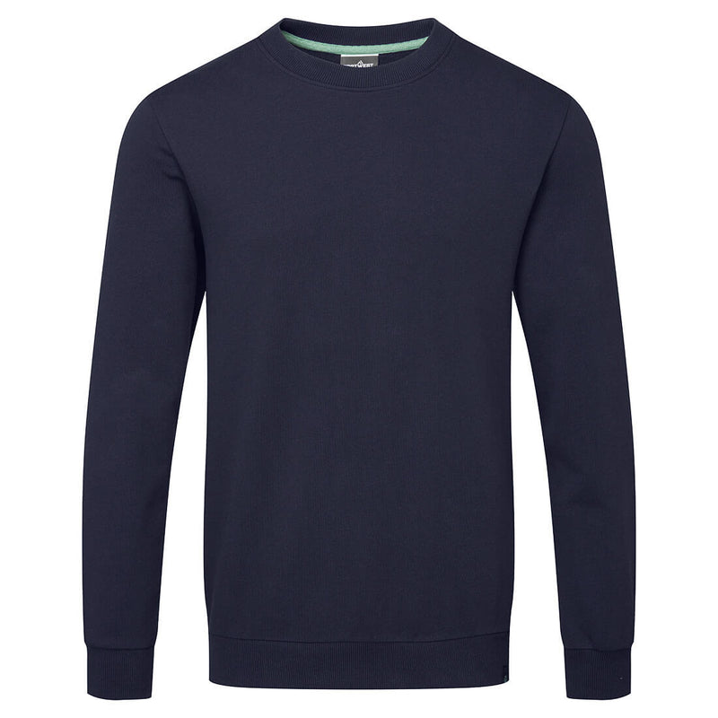 Plain navy blue crew neck sweatshirt with long sleeves and ribbed cuffs