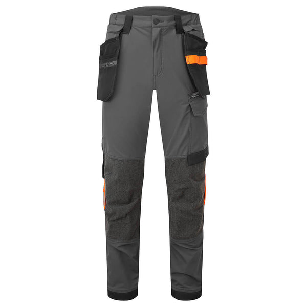 Metal grey Portwest EV4 stretch holster trousers (EV440) with dynamic stretch panels for unrestricted movement.
