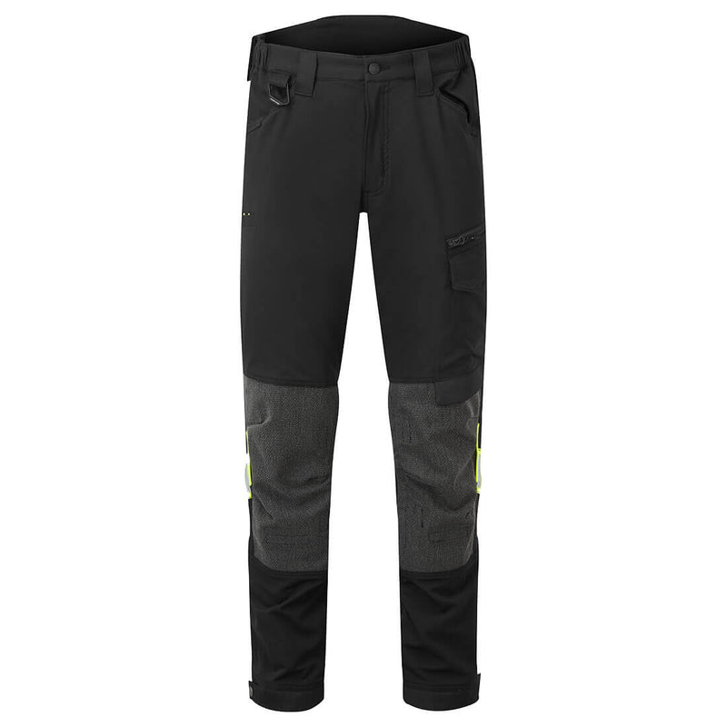 Black Portwest EV4 stretch service trousers (EV441) with a sleek design and four-way stretch fabric for comfort.