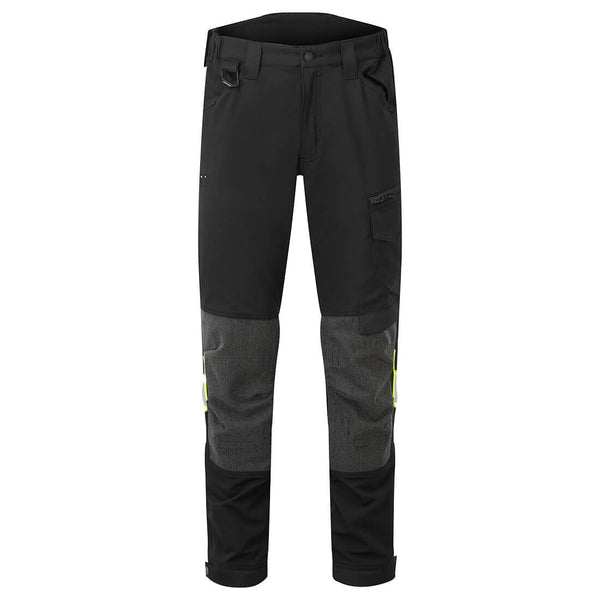 Black Portwest EV4 stretch service trousers (EV441) with a sleek design and four-way stretch fabric for comfort.