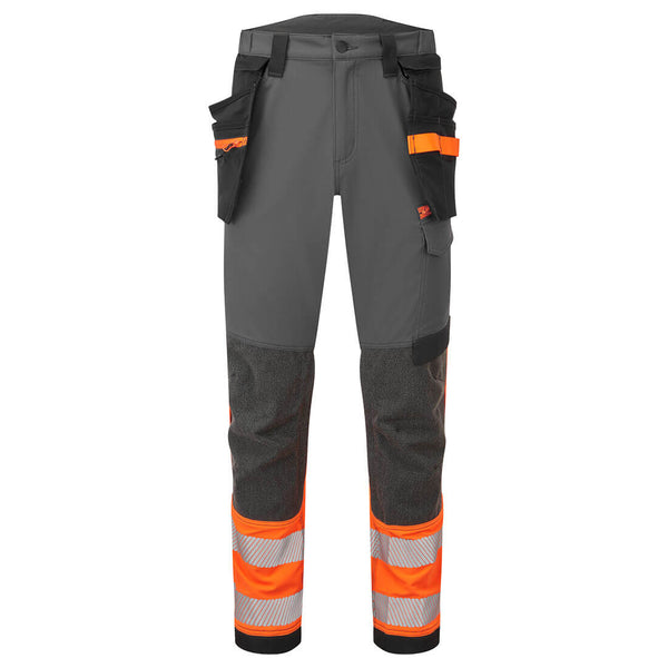 Portwest EV4 Hi-Vis Stretch Detachable Holster Class 1 Trousers orange and black.