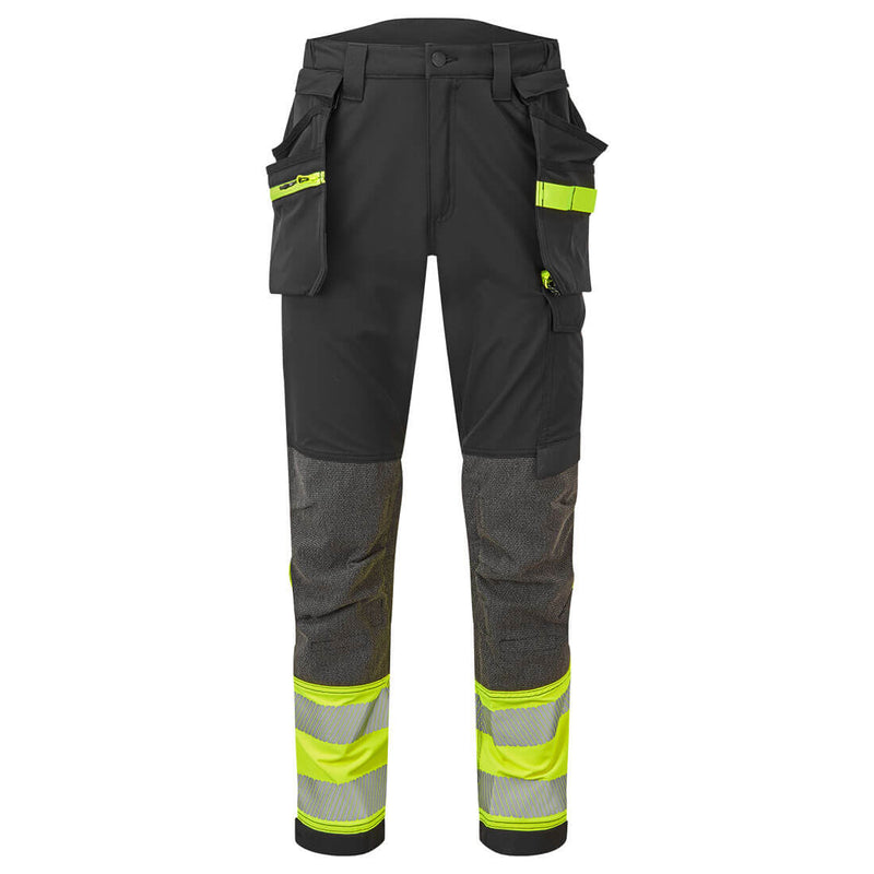 portwest ev4 hi-vis stretch detachable holster class 1 trousers yellow and black.