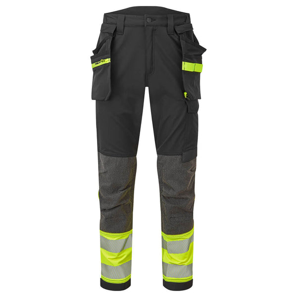 portwest ev4 hi-vis stretch detachable holster class 1 trousers yellow and black.
