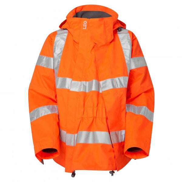 Leo Workwear Rosemoor women's jacket in orange with the maternity expander panel attached for a comfortable fit.