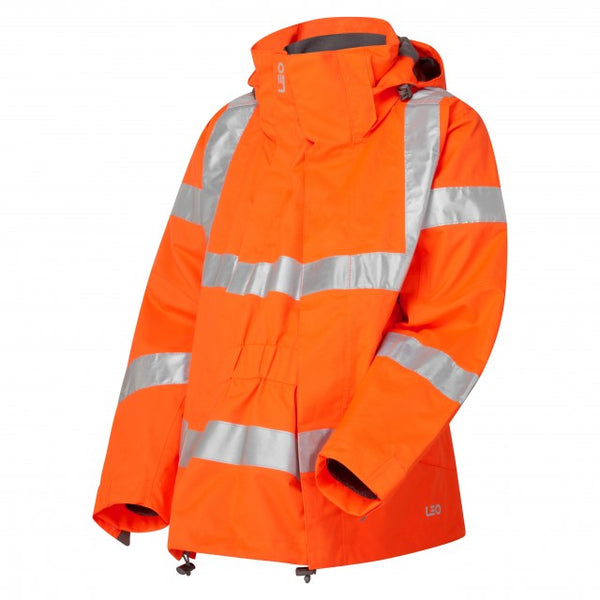 Close-up of the orange maternity expander panel for the Leo Workwear Rosemoor women's jacket.