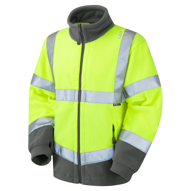 Leo Workwear hi-vis yellow Hartland fleece jacket with reflective tape for warmth and visibility