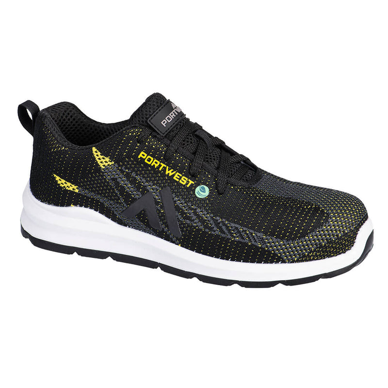 Top view of black safety trainer with green trim, S1P protection and breathable mesh.