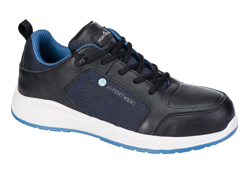 Black eco-friendly composite trainer with mesh panels and S3 protection.