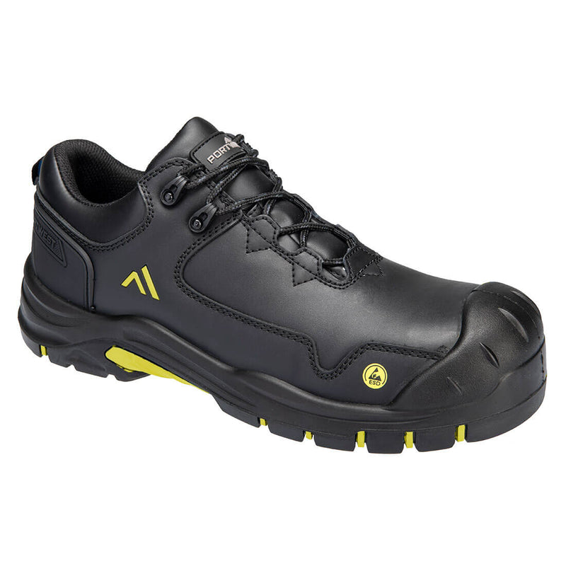 Yellow-accented safety shoe with composite protection and anti-slip sole.