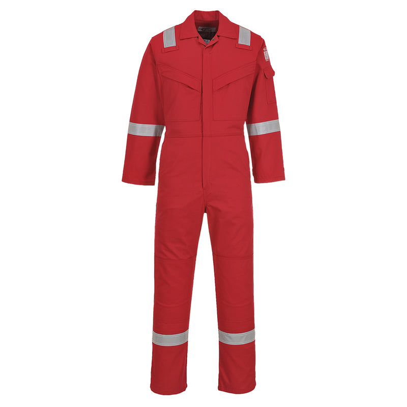 Flame-retardant Aberdeen coverall in red with durable cotton-carbon fabric and secure front closures
