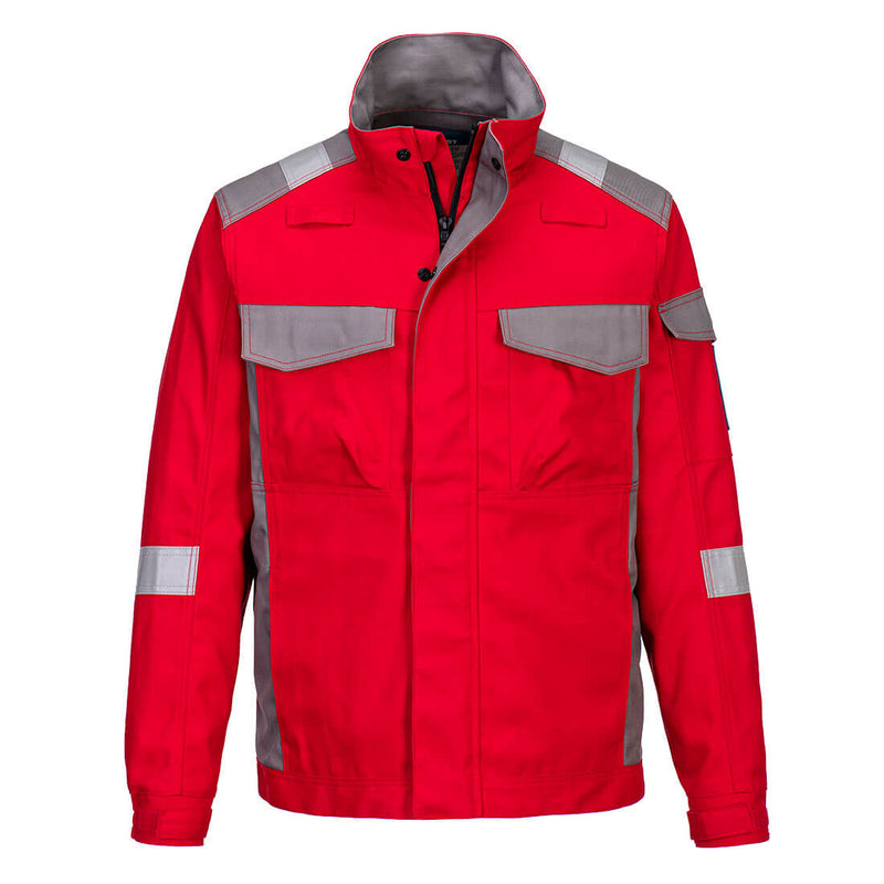 Red Portwest Bizflame Ultra Two-Tone Jacket combining safety features with a bold design.