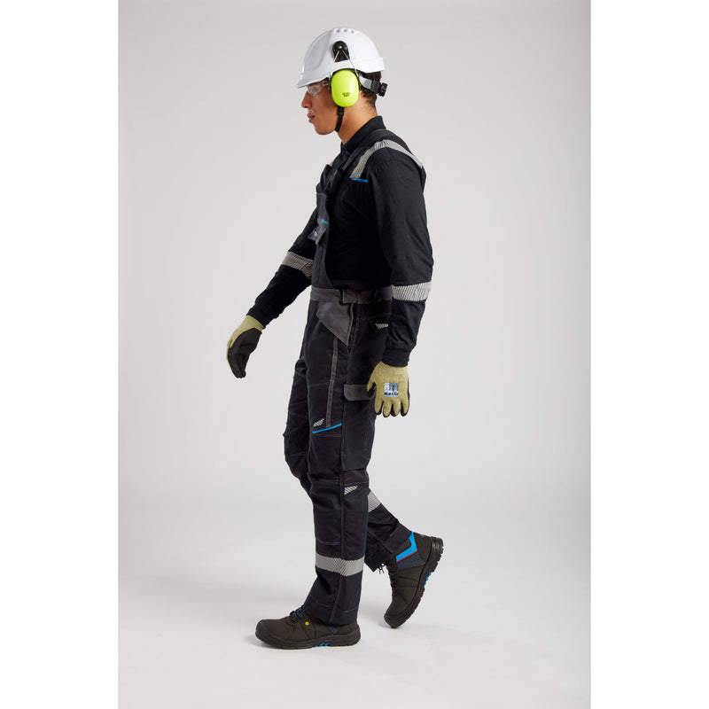 Side profile of a worker in arc-flash protective gear and Portwest helmet.