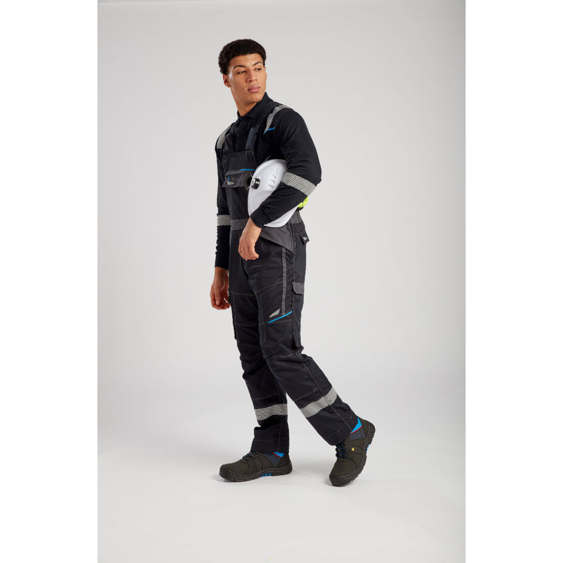 Side view of black safety boot featuring composite toe and durable tread for industrial use.