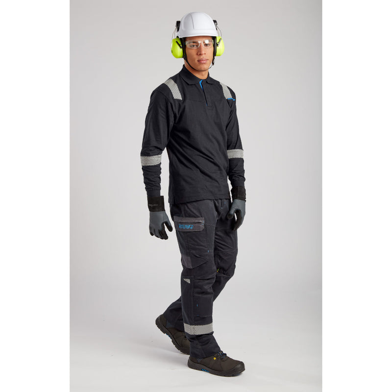 Worker in blue FR coveralls and white Portwest Height Endurance helmet.