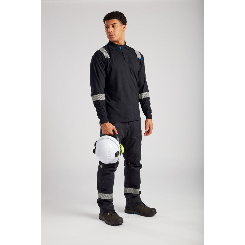 Front view of a model wearing Portwest FR jacket and trousers.