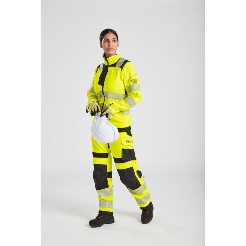 Construction safety outfit featuring yellow jacket and pants with reflective elements